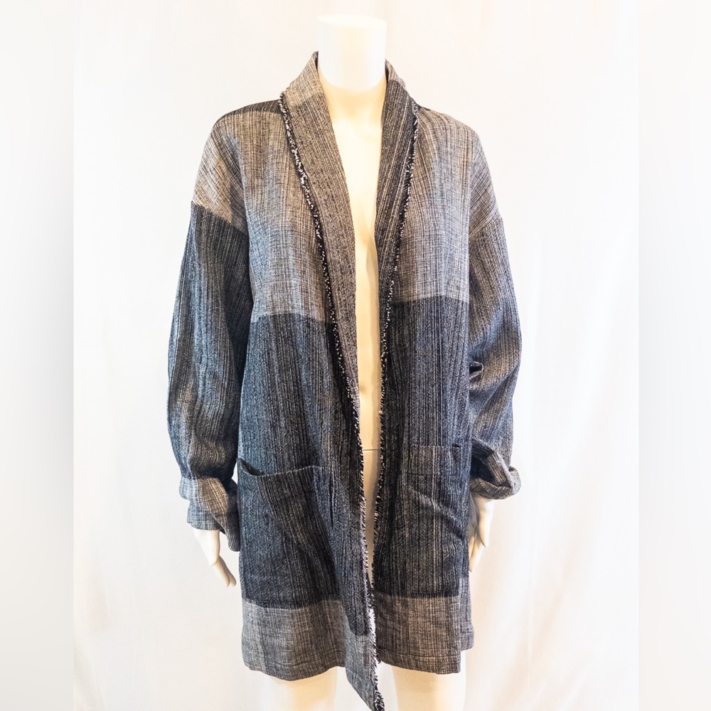Eileen Fisher Black and White Hazy Blocks Organic Cotton Shawl Collar Jacket-NWT